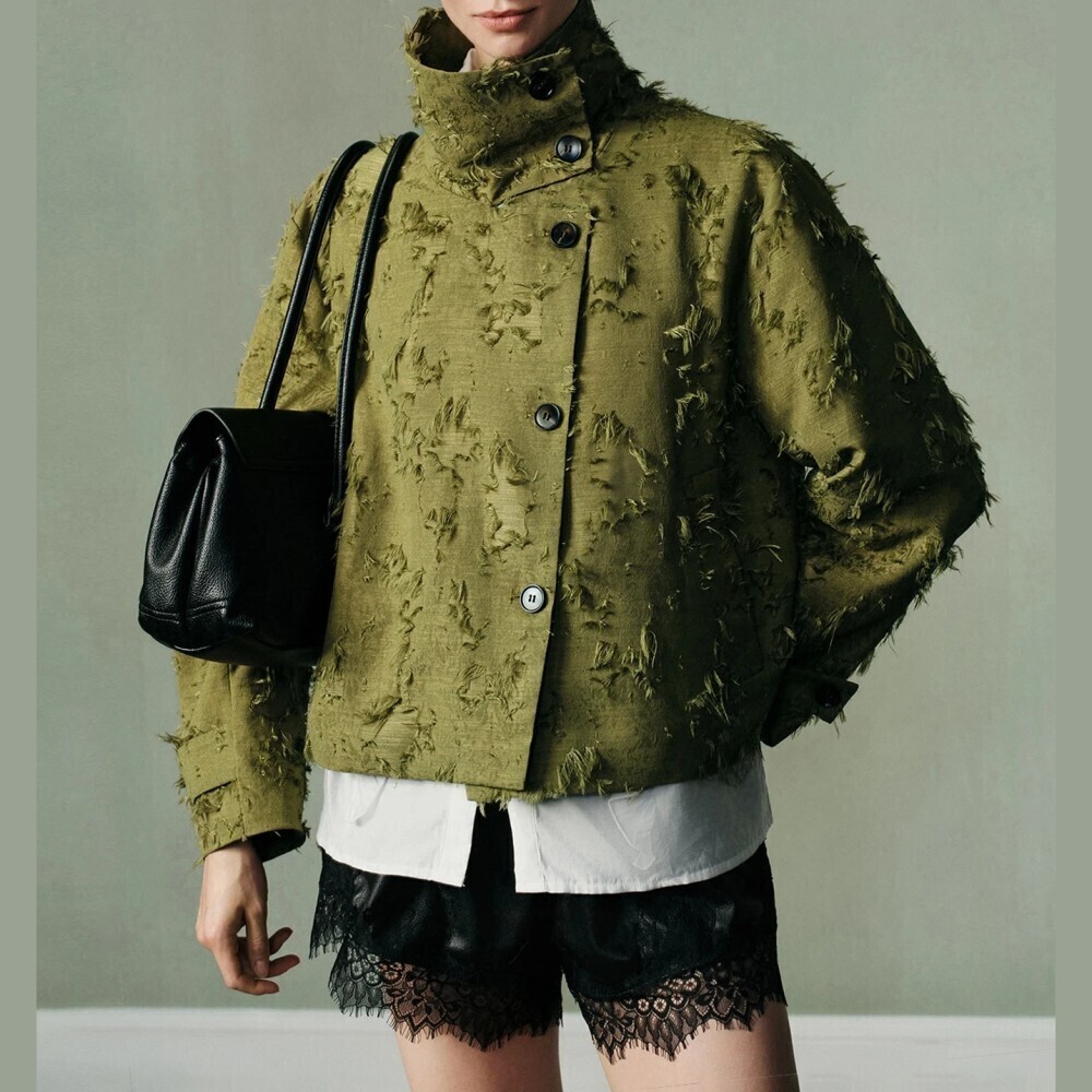 Olive Green Frayed Textured High Neck Cropped Utility Moto Aviator Jacket
